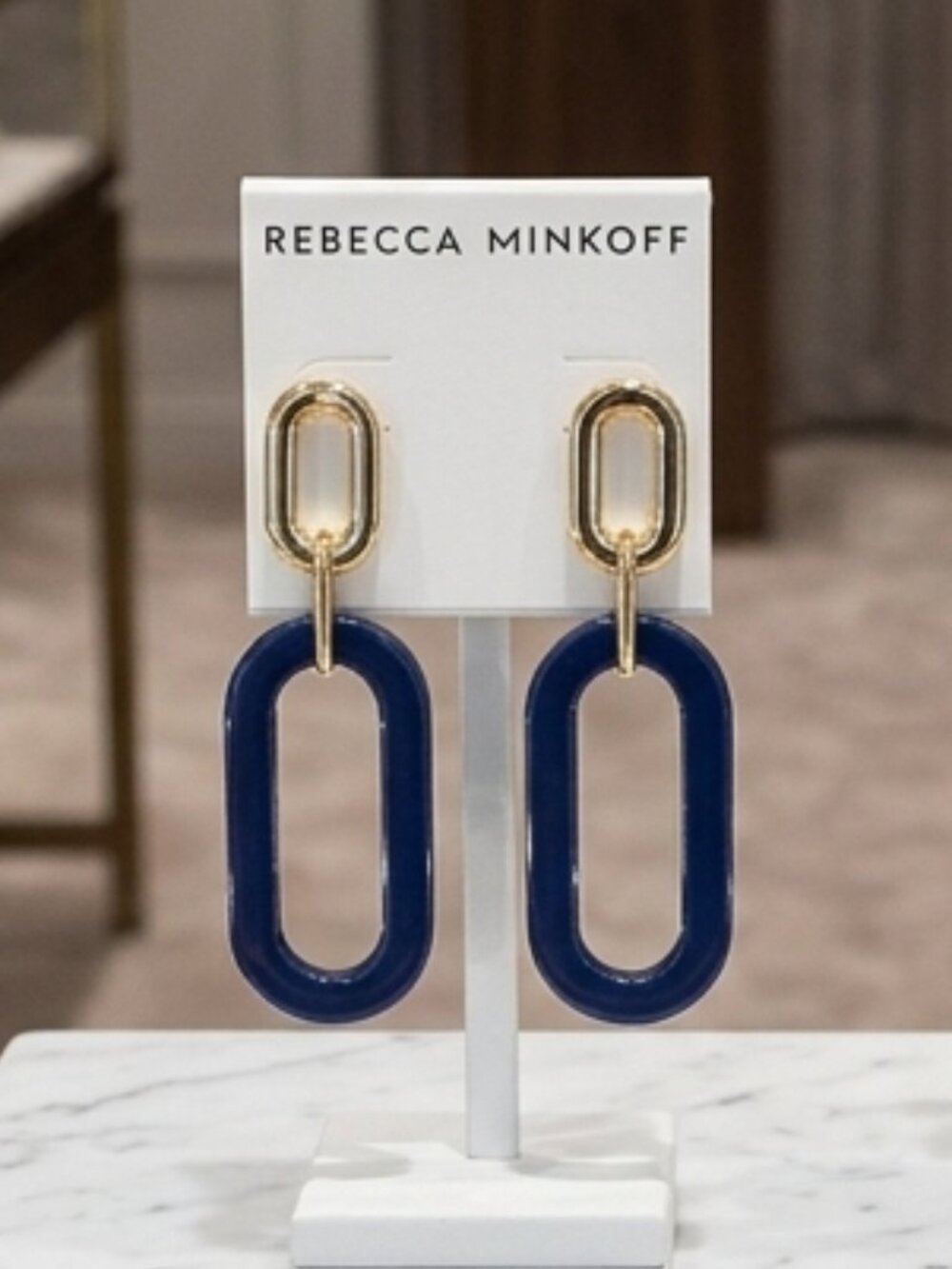 Rebecca Minkoff Gold Tone Twilight Blue Oval Resin Chain Link Dangle Earrings
